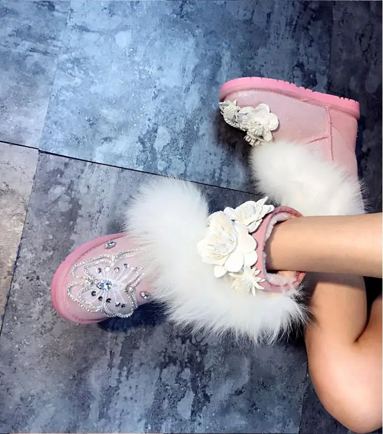 Exclusive custom lace butterfly flower tube fox fur leather pearl powder with diamond snow boots female