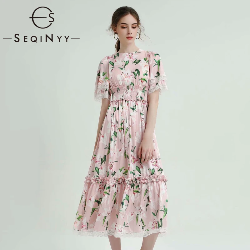 

SEQINYY Sweet Pink Dress 2020 Summer Spring New Fashion Design Flare Sleeve White Lace Midi Romantic Lily Flowers Print Dress