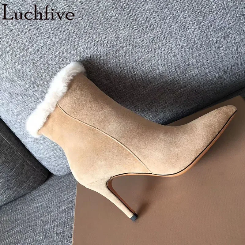 Wool High Heels Ankle Boots Pointy Toe Party Shoes Woman Sexy Zipper Suede Winter Boots Apricot Short Boots Women