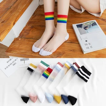 

Fashion Transparent Rainbow Short Socks Women Summer Thin Harajuku Ankle Socks Hipster Art Low Cute Socks