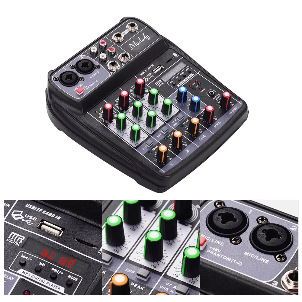 Muslady AI-4 Compact Sound Card Mixing Console Digital Audio Mixer 4-Channel BT MP3 USB Input +48V Phantom Power for Music
