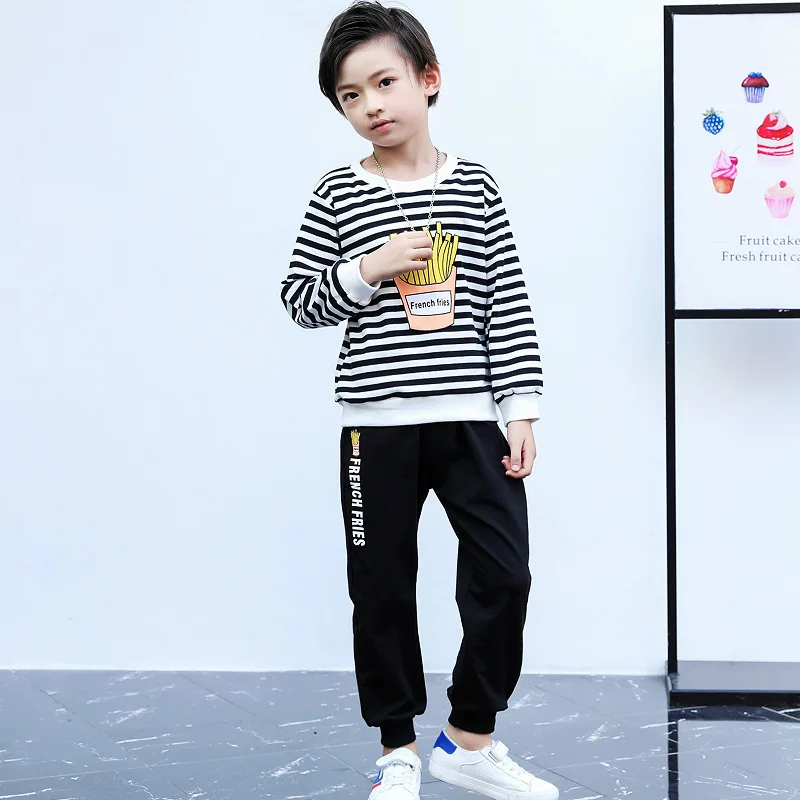 

Childrenswear BOY'S Suit Autumn Korean-style Stripes Pure Cotton Two-Piece Set New Style Middle And Large Boys' Clothes Sportswe
