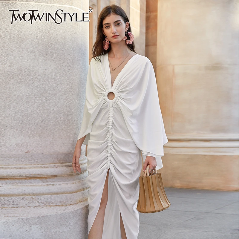 TWOTWINSTYLE Asymmetrical Summer Dress Women V Neck Butterfly Sleeve High Waist Ruched Irregular Hem Hollow Out Dresses Female TWOTWINSTYLE Asymmetrical Summer Dress Women V Neck Butterfly Sleeve High Waist Ruched Irregular Hem Hollow Out Dresses Female