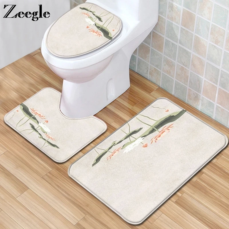 Zeegle 3pcs Bath Mat Set Anti Slip Toilet Pedestal Rug Bathroom Doormat Shower Mat Absorbent Toilet Cover Seat Mat Bathroom Set