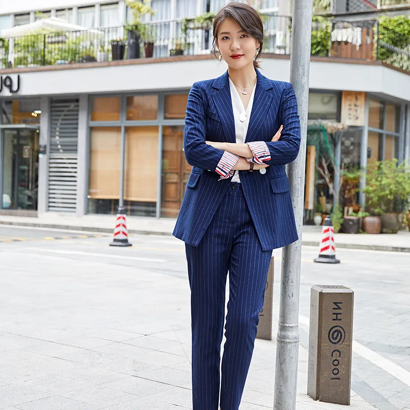 

New striped suit ladies double row business casual professional wear women's fashion temperament slim formal suit