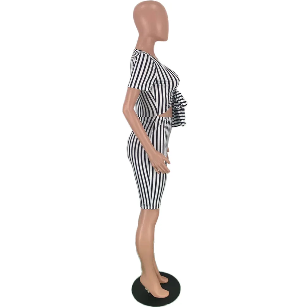 Waist Band Cut Out Sexy Striped Playsuits Women Deep V Neck Bow Bandage Jumpsuit Summer Short Sleeve Bodycon Short Bodysuit