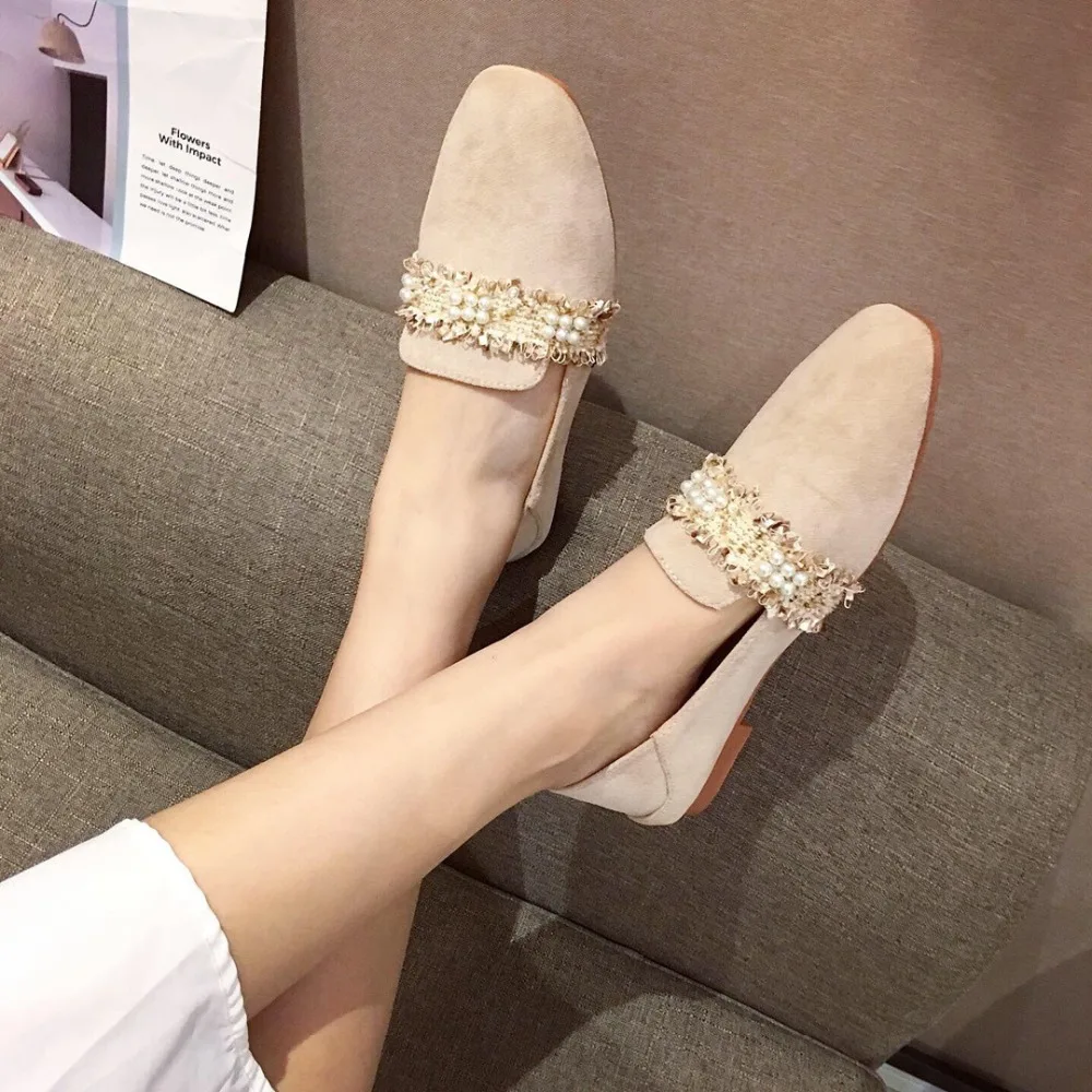 Fringe beading square toe flats slip on casual solid flock brief moccasins comfy brief women shoes leisure femme korean loafers
