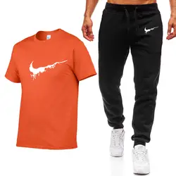 Мужские повседневные брюки для пробежек + футболки, комплект из 2 предметов, спортивный костюм для фитнеса, спортивные брюки, спортивные