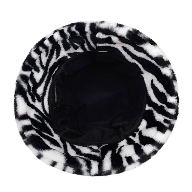 Women Fisherman Hat Ladies Winter Warm Fur Hats Girls Black White Striped panam Hats Zebra Printed Faux Fur Bucket Hats gorras