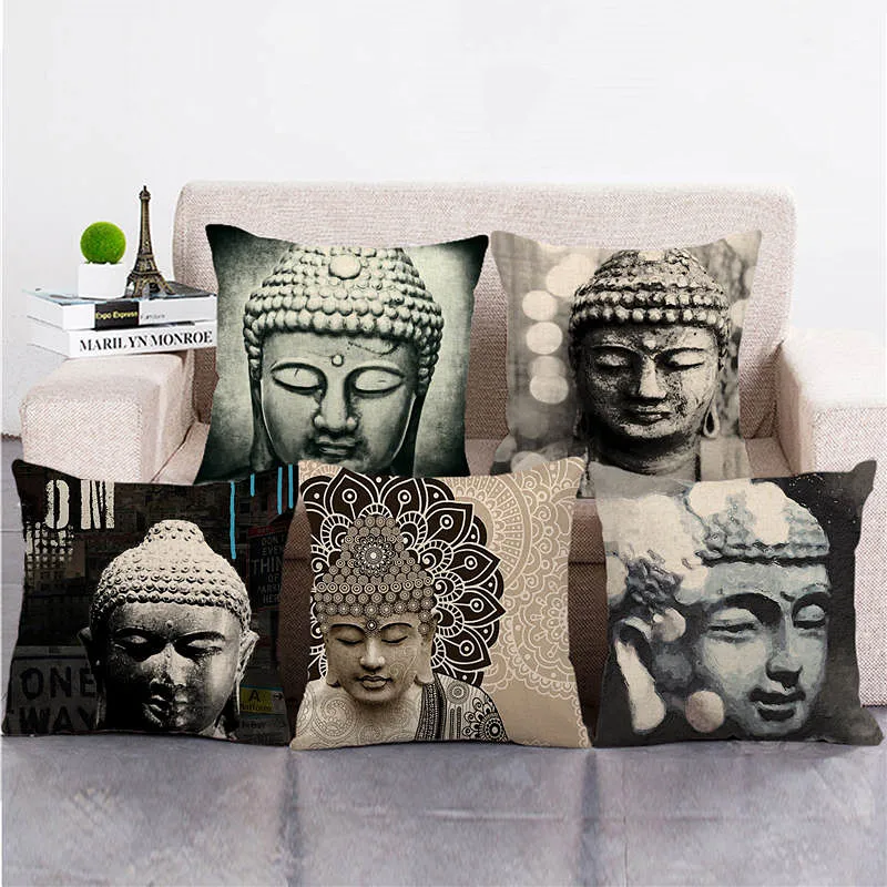 Buddhism Zen Buddha Pillowcase Buddha Design Cushion Cover Soft Linen