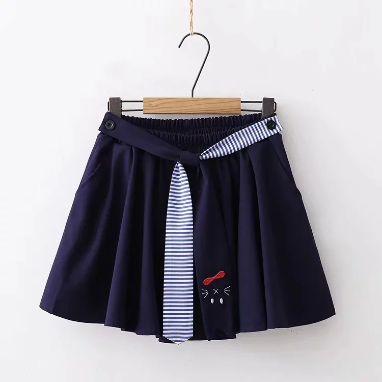 Navy blue Merry Pretty, женские плиссированные юбки с высокой талией, темно-синие мини юбки с вышивкой кота из мультфильма,, эластичная красивая юбка с талией - Цвет: Navy blue
