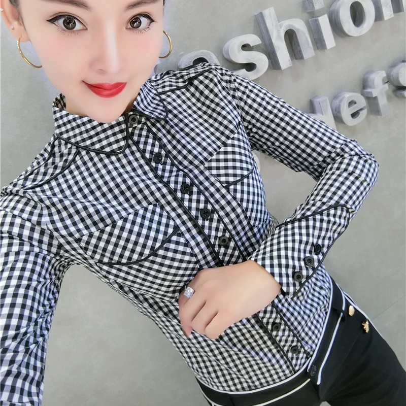 2021 Autumn Long Sleeve Turn Down Collar Red Plaid Cotton Shirts Women