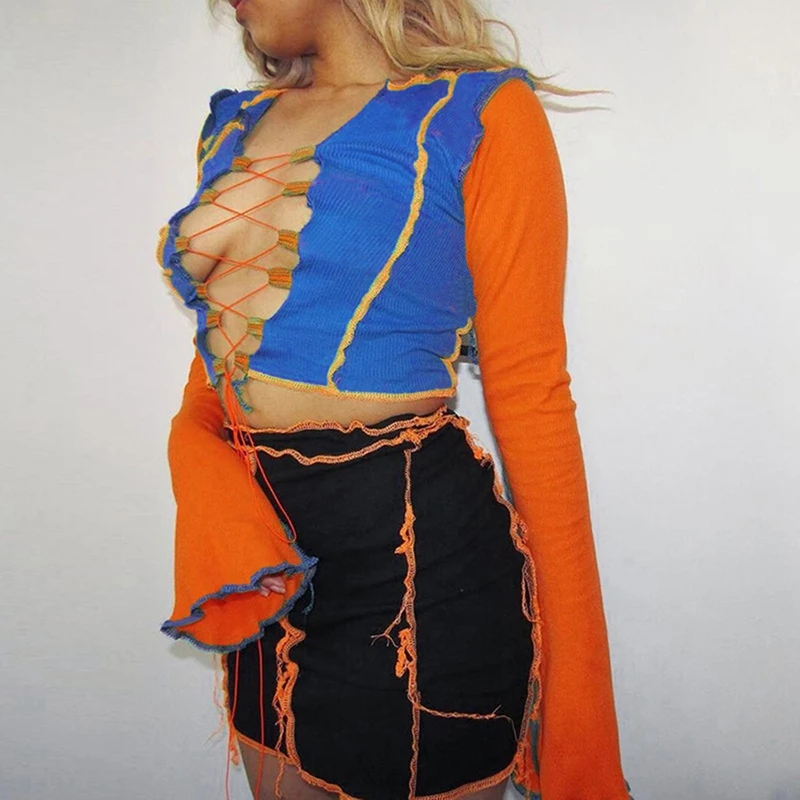 Sexy Hollow Out Bandage Tops Women Neon Color Ribbed Knitting Tee Shirt Autumn Club Party Street