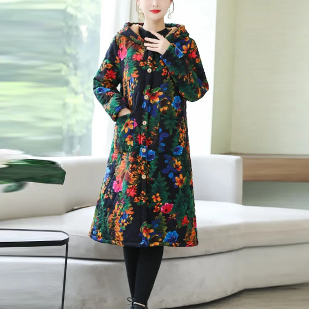 Manteau femme, модное зимнее пальто для женщин, с капюшоном, теплый, Ретро стиль, с принтом, топ, длинный рукав, блузка, Свободное пальто, ropa mujer, ropa mujer