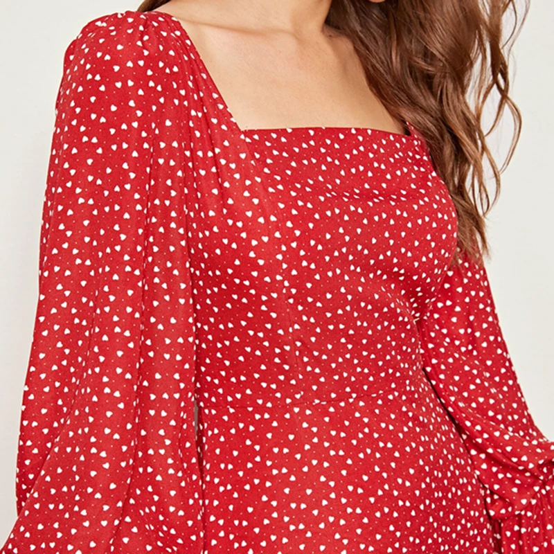 SHEIN красное Элегантное Длинное Платье с квадратным вырезом и принтом сердца, Осенний рукав-волан, высокая талия, молния сзади, расклешенные Макси платья