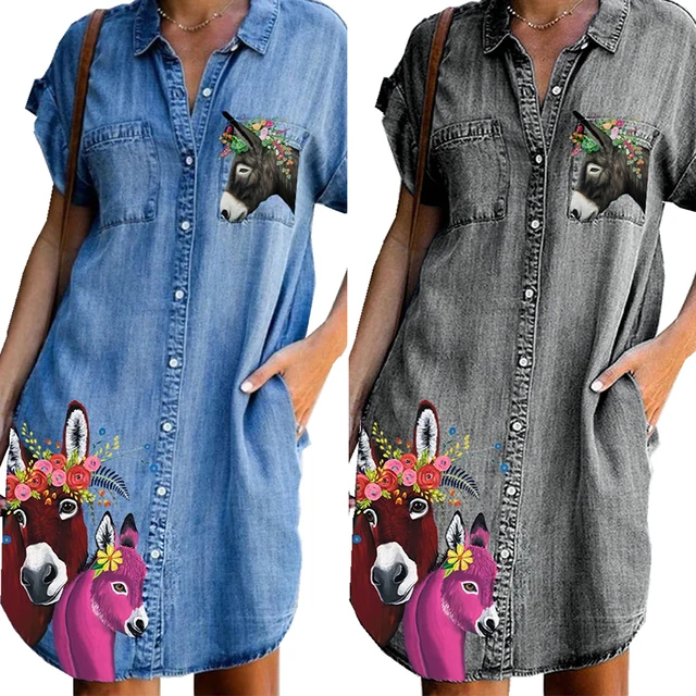 Women Denim Dress Plus Size Horse Donkey Print Women Dress with Pockets Button Turn Down Collor Summer Dress Loose Women Clothes