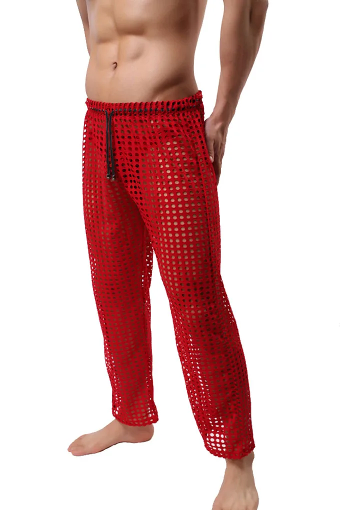 Men's Fashion Sexy Transparent Mesh Pants Drawstring Breathable Trousers Fashion Loose Casual Pajama Pants