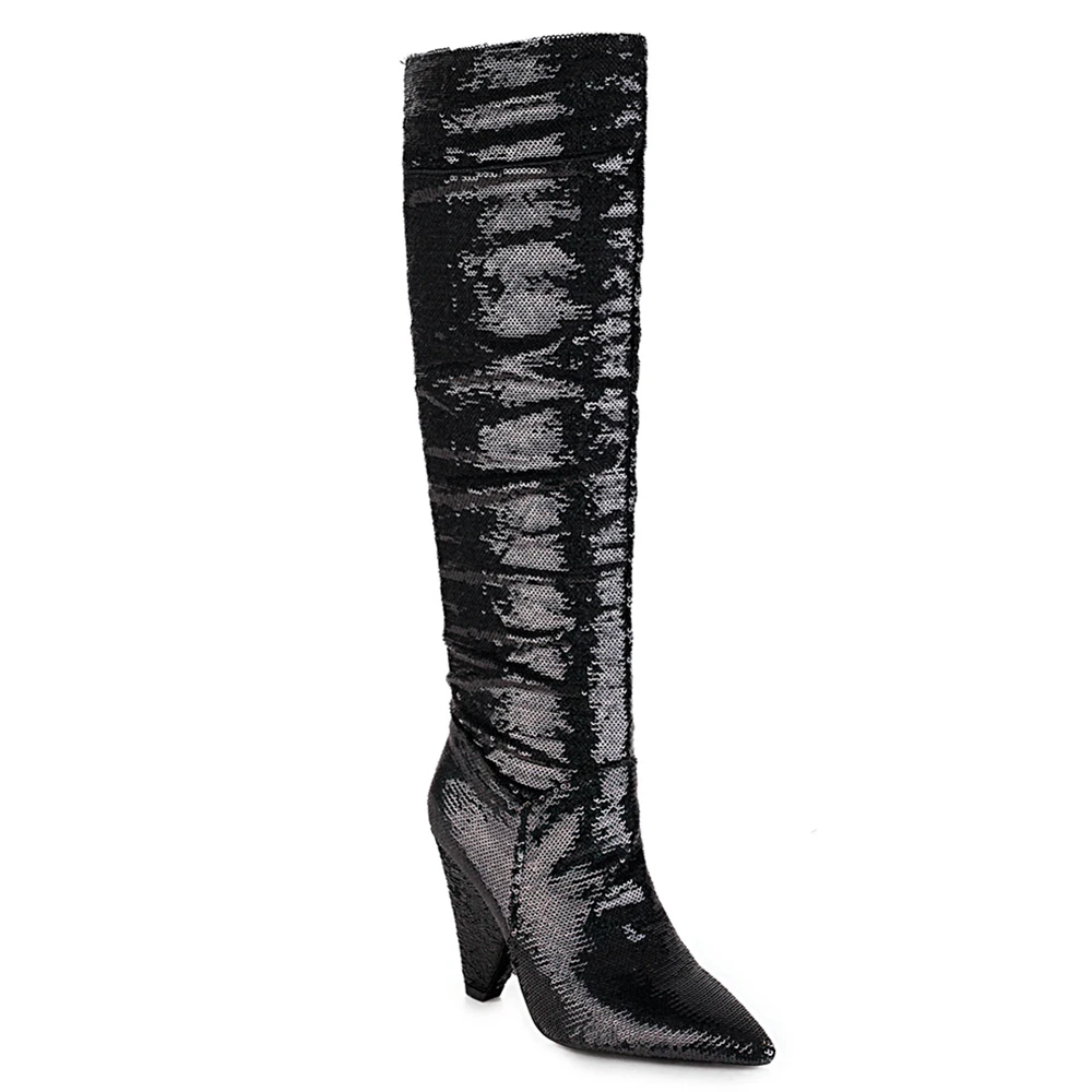 

Pointed Sequins Color Embroidery Shiny Knee-Length Boots Bling Gradient Color Dot Pattern Winter Boots Color Changing Shoes