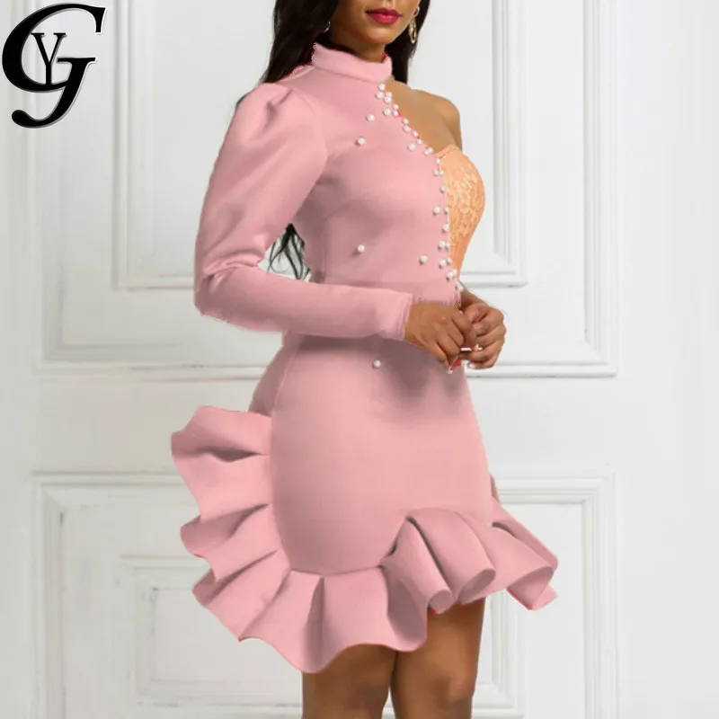 

Christmas Birthday Party Dresses Korean Fashion Pearl Patchwork Ruffle Bodycon Women Dress Sexy One Off Shoulder Vestido Mujer