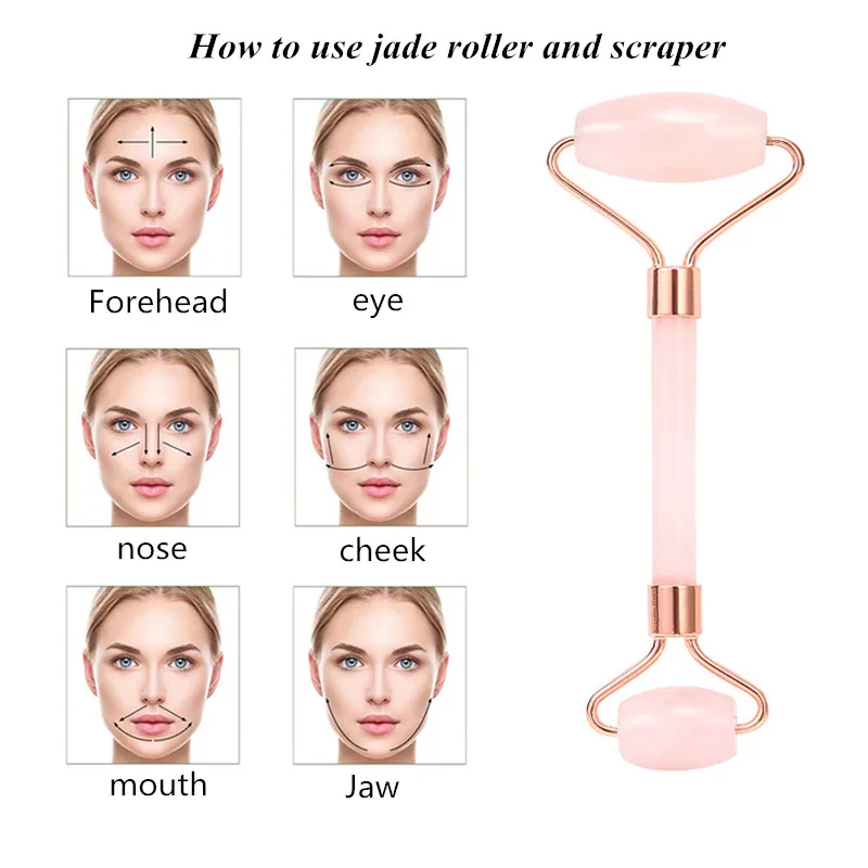 Rose Quartz Roller Face lifting Massager Natural Jade Facial Massager Roller Slimming Jade Scraping Mask Brush Three piece Set