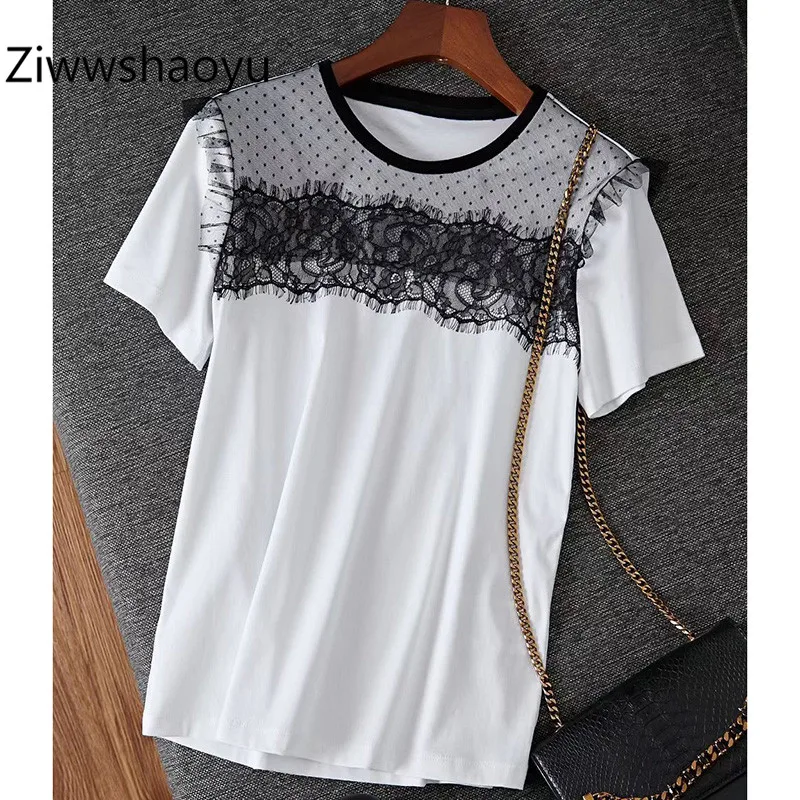 Ziwwshaoyu модные черные Лоскутные белые футболки с коротким рукавом футболки женская летняя одежда высокого качества