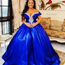 Королевское синее платье для выпускного вечера размера плюс, Современная Пышная юбка с открытыми плечами, украшенная стразами и бисером, арабские вечерние платья для приема