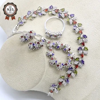 

Multicolor CZ Silver Color Color Jewelry Sets For Women Charms Necklace Pendant Bracelets Earrings Rings Free Gift Box