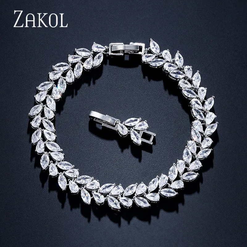 White ZAKOL Высокое качество Модный кубический цирконий лист браслет для женщин Свадебные украшения FSBP2126 - Окраска металла: White