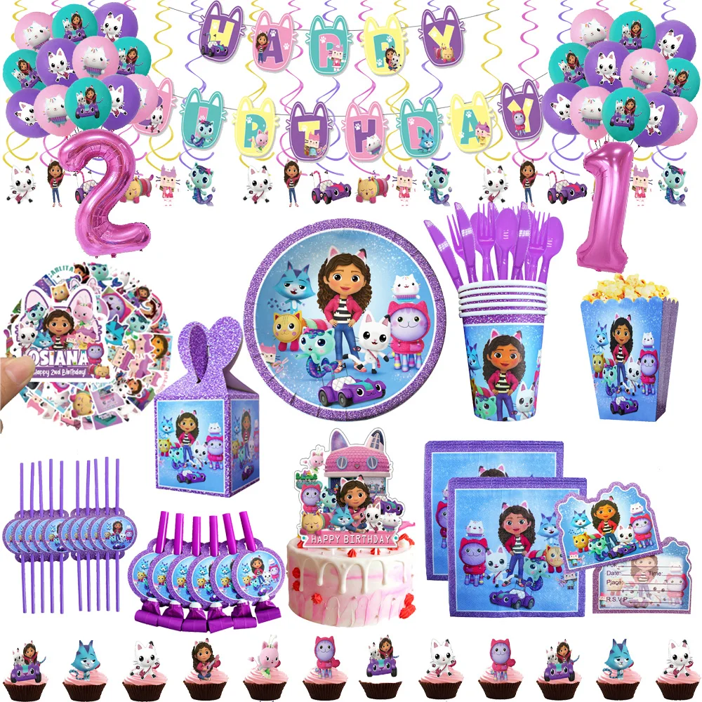 Cajas de dulces de casa de muñecas Gabby, suministros de fiesta de cumpleaños, decoraciones de pastel Gabby, platos, tazas, Pancarta, globos, recuerdo de Baby Shower para niñas