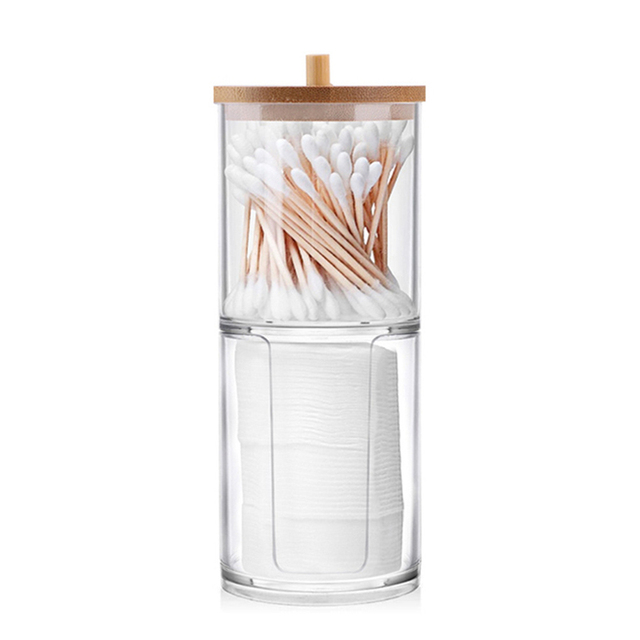 Swab Storage Bamboo Cover Acrylic Round Container Cotton Puff Storage Box Makeup Remover Box Makeup Storage Organizer