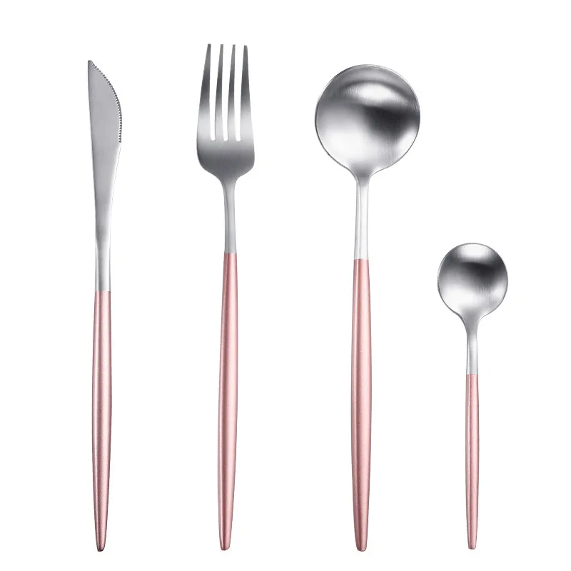 Hot Sale Matte Black Cutlery Set Silverware Set 304 Stainless Steel Dinnerware Set Spoons Forks and Knives Drop Shipping - Цвет: pink silver