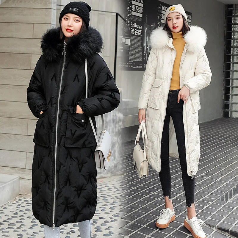 

2019 New Style off Season down Jacket Women's Large Pocket Solid Color Loose Fashion Mid-length over-the-Knee Korean-style Coat