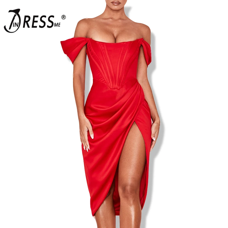 INDRESSME 2019 женское сексуальное красное платье без бретелек с открытыми плечами