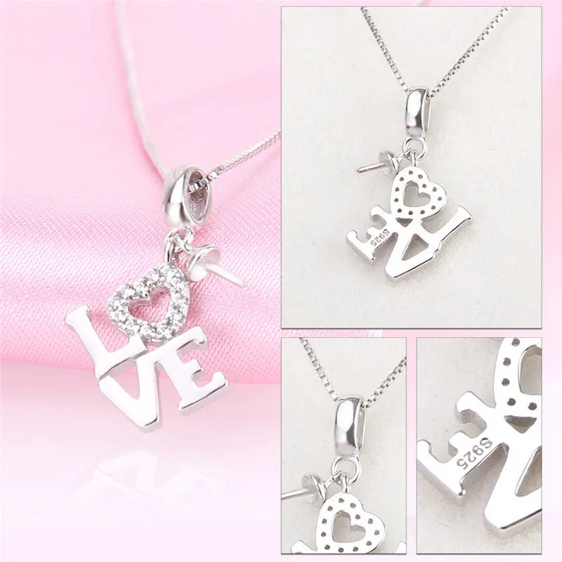 CLUCI Real Silver 925 Love Letter Pearl Pendant Mounting for Necklace Sterling Silver Women Valentine Day Gift Pendant Jewelry