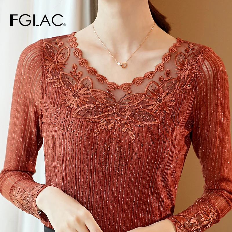  Women blouse shirt Fashion Long sleeve Autumn tops Elegant Slim Embroidered Lace shirt plus size wo