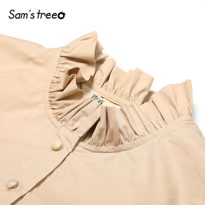 SAM'S TREE/однотонная блузка цвета хаки с рюшами и стоячим воротником для женщин, Осенние повседневные офисные женские топы с длинными рукавами на одной пуговице