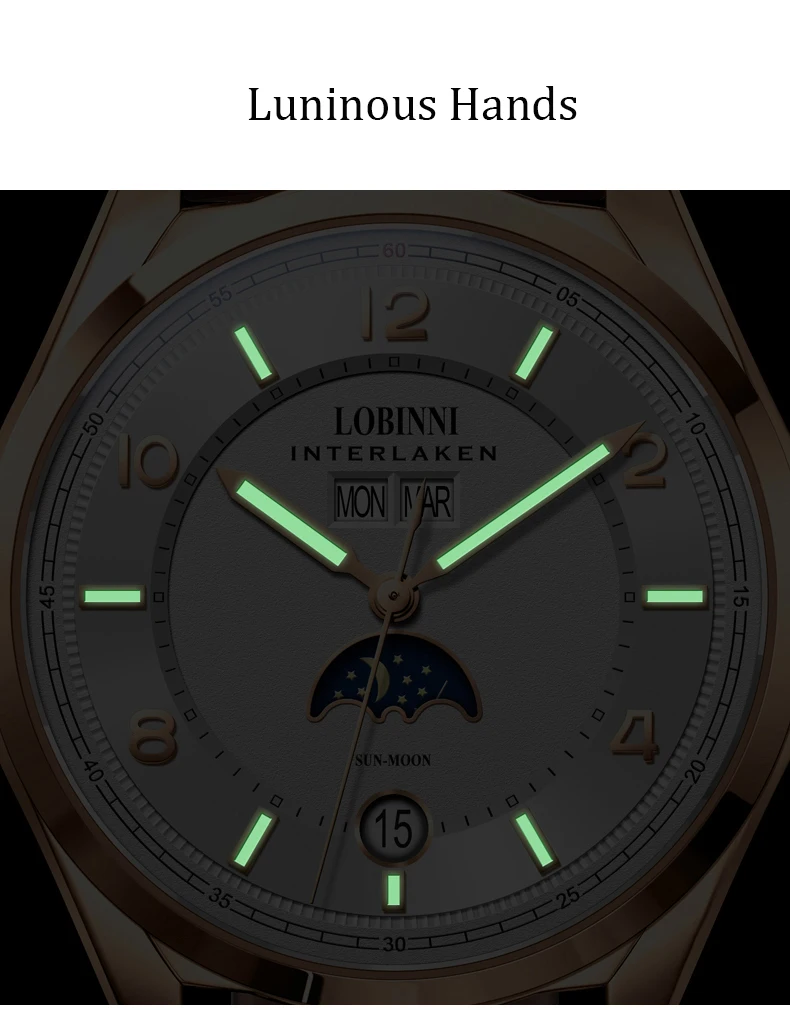 Швейцарские роскошные Брендовые Часы LOBINNI, Мужские автоматические механические часы, многофункциональные сапфировые часы с фазой Луны L18016