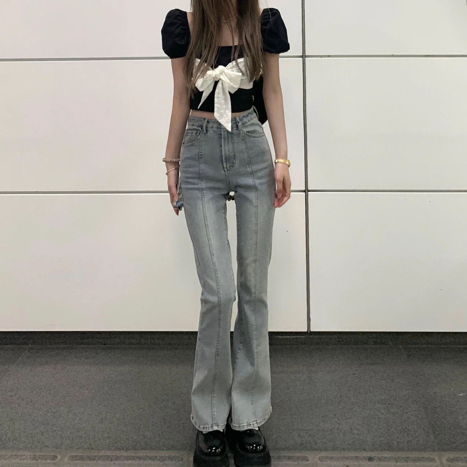 Pantalones vaqueros elásticos acampanados de cintura alta para mujer, pantalones de vaquera corte de bota Vintage, largos, informales|Pantalones - AliExpress