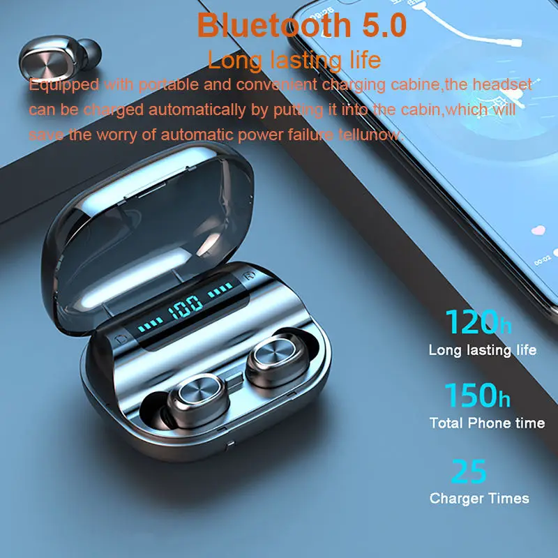 TWS 5 0 Bluetooth Earphones LED1200mAh Charging Box Earbuds Waterproof With Mic Wireless Sport Headphone Bass