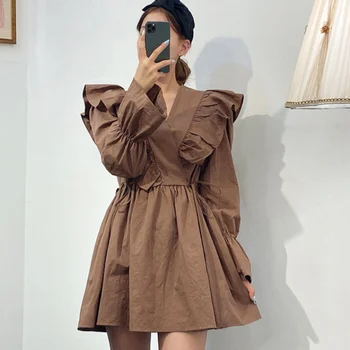 

Retro all-match V-neck ruffle stitching high-waist lace-up waist short small dress female