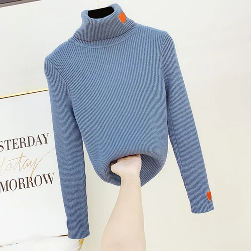 Синий Красный любовь вышитый корейский женский свитер тонкий вязаный Blusas Осень зима свитер с воротником-хомутом джемпер Pull Girl Lady Теплый - Цвет: Синий