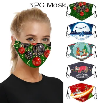 

5pcs Adult Cute Christmas Printed Face Mask 2-layers Protective Dust-Proof Anti-Fog Haze Reutilizable Mouth Cover Can Put Filter