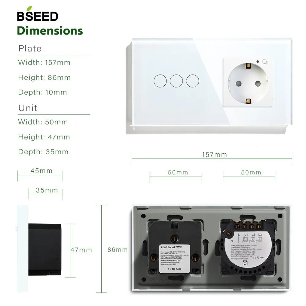 BSEED 16A Wifi сенсорный выключатель 3 банды Wifi стандарт ЕС розетка с белым черным золотым кристаллом стеклянная панель умный переключатель