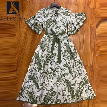 

AELESEEN Runway Fashion Women Dress 2020 High Qulaity Flare Sleeve Bow Belt Flower Print Long Elegant Party Holiday Dress