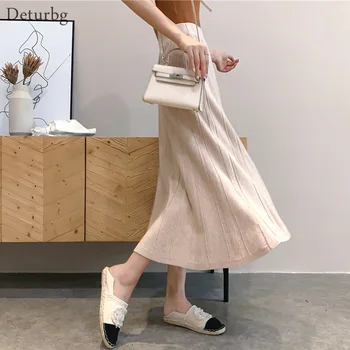 

Women's Elegant Oblique Stripes Midi Skirt Female Korean Casual High Waist Knitted Warm Skirts Saias Faldas 2019 Winter SK410