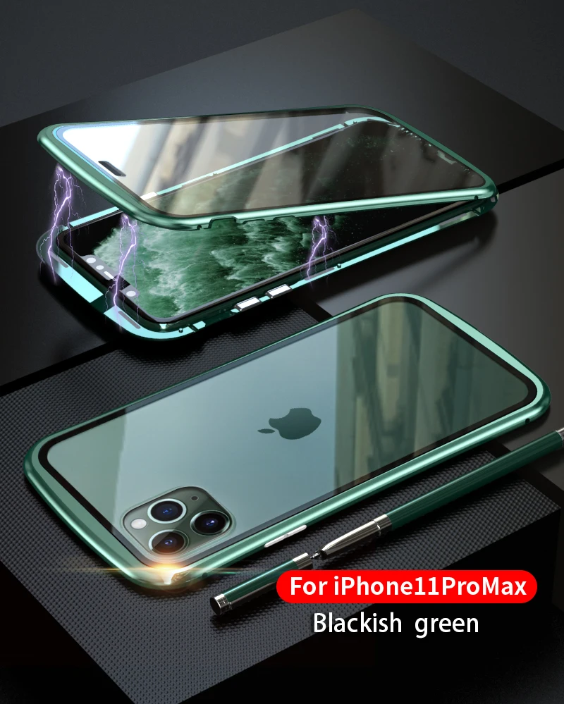Передняя Задняя стеклянная Магнитная Крышка для iPhone11 Pro Max Роскошный Металлический Feame 360 прозрачное стеклянное покрытие для iPhone 11 Pro Чехол Флип бампер