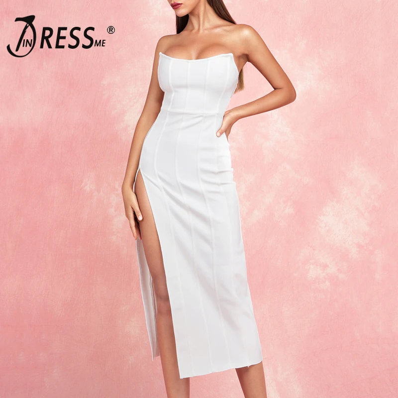 

INDRESSME 2019 Summer New Fashion Sexy Women Strapless Sleeveless Bodycon Slit Bandage Gown Party Club Dress Backless Hot Dress