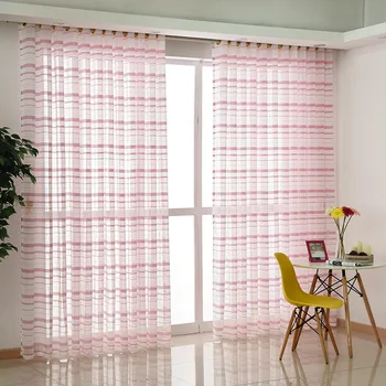 

curtains for Living Room Bedroom Artistic Simple Pink Pinstripe Yarn-Dyed Window Screen Left and Right Biparting Open