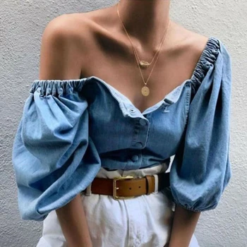 

2020 Blouse Women Off Shoulder Denim Lantern Sleeve Shirts Solid Ladies Elastic Slash Neck Shirts All-Matching Women Tops