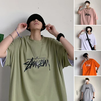 

Letter Printed Korean Style Clothing Cotton Summer Hip Hop New Large Size Loose Couple Short Sleeve T-shirt Men